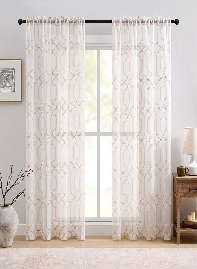 SEEKRIGHT Beige and White Geometry Sheer Curtains 96 Inches Long 2 Panels for Living Room Office Embroidered Geometric Hexagon Curtains Light Filtering Rod Pocket Neutral Moroccan Tile Lattice Drapes, 50x96 - Image 1